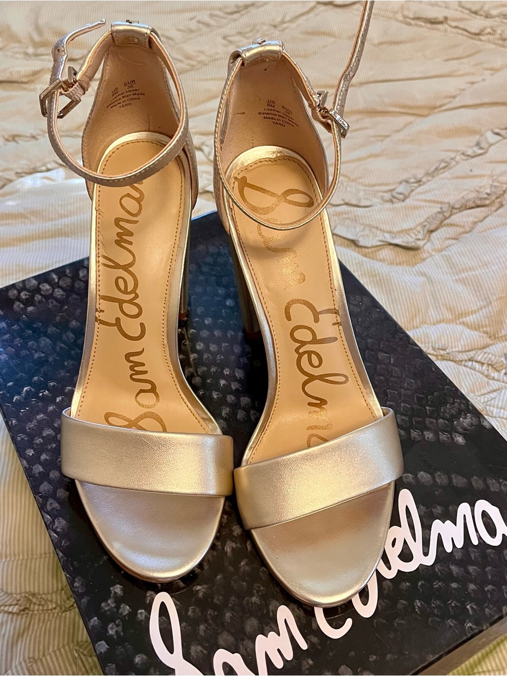 Sam Edelman Gold Ankle-Strap Block Heel Sandals